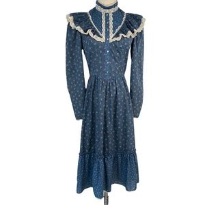 Vintage Prairie Dress Floral Print Lace Trim Dress